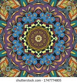 Seamless tracery tile mehndi design. Ethnic ornament, colorful doodle symmetry texture. Folk traditional spiritual tribal design. Curved doodling motif. Color art. Vector