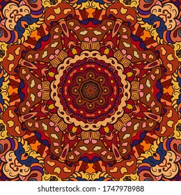 Seamless tracery tile mehndi design. Ethnic ornament, colorful doodle symmetry texture. Folk traditional spiritual tribal design. Curved doodling motif. Color art. Vector