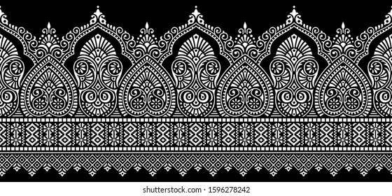 Seamless traditional Asian black and white paisley border