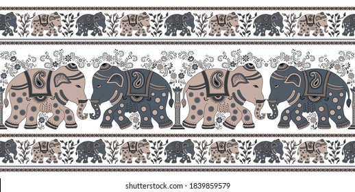 Seamless traditional Asian elephant border svg