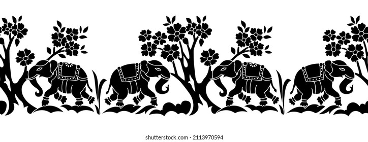 Seamless traditional Asian elephant border design