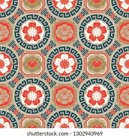 Seamless traditional asian ornamental motive, japanese, chinese or korean and more. Geometric pattern with repeating elements. Elegant luxury tiled design, best for print fabric or papper and more.