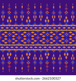 Patrón textil asiático tradicional sin costuras con Elementos geométricos y de diamante. Los motivos de color rojo brillante, amarillo y naranja crean un diseño dinámico y culturalmente inspirado sobre un fondo púrpura profundo. Perfecto