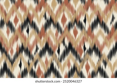 Seamless traditional brown, black, and beige ikat pattern in geometric zigzag design. Perfect for Home Decor, textile, fashion fabric, and wallpaper with ethnic, handcrafted details and tribal motifs.