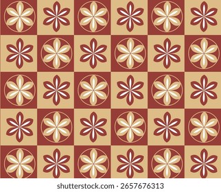 Padrão tradicional de estilo chinês contínuo com elegantes motivos florais geométricos dourados em um fundo vermelho profundo. Ideal para Ano Novo Lunar, decoração de casamento, têxteis ou design festivo.