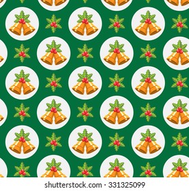 Seamless Traditional Christmas Pattern with Holly Sprigs and Jingle Bells Isolated on Green Background