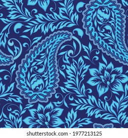 Seamless traditional classic blue pattern with leaves and flowers. Paisley ethnic ornament. Vector print.	