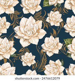 Seamless traditional embroidered floral pattern on a dark background for textiles, apparel, interior decoration, textures and wrapping.