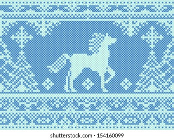 Seamless traditional embroidery blue Christmas pattern with running horse and pine trees