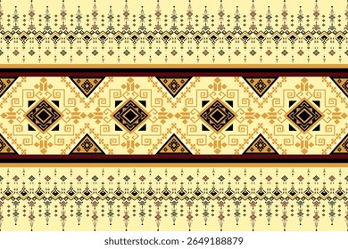 Seamless Traditional Ethnic Geometric Pattern with Ornamental Diamond Motifs in Warm Yellow, Black, and Brown Tones, Cultural Textile Inspired Design for Fabric, Wallpaper, and Decorative Projects