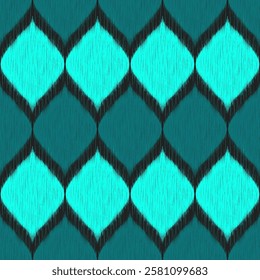 Seamless Traditional Ethnic Ikat Fabric Pattern with Bold Turquoise and Black Diamonds for Textile Design. Abstract Tribal Ikat Seamless Background. Vector illustration.