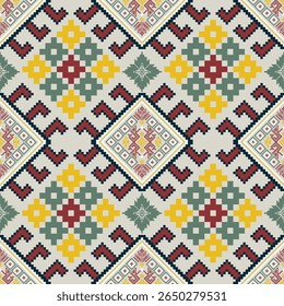 Seamless Traditional Ethnic Pixel Art Pattern with Colorful Geometric Diamond Motifs in Red, Yellow, Green, and Blue, Cultural Folk Textile Inspired Design for Fabric, Wallpaper, and Decorative 
