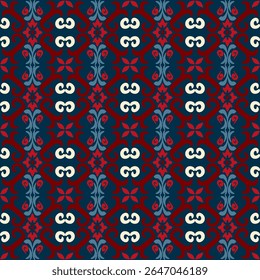 Seamless Traditional Ethnic Textile Pattern with Geometric and Floral Motifs in Red, Blue, and Beige, Ornamental Folk Design, Vintage Cultural Fabric for Wallpaper, Crafts, Wrapping Paper, and Fashion