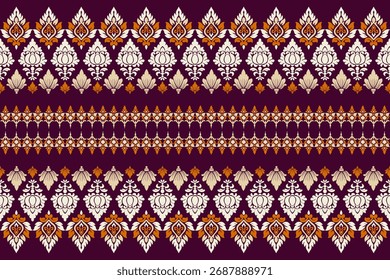 Nahtloses traditionelles florales Damast-Muster in Orange, Creme und Gold auf dunkelviolettem Hintergrund, elegantes dekoratives Vektordesign, perfekt für Textilien, Tapeten oder digitale Kunstdekoration.