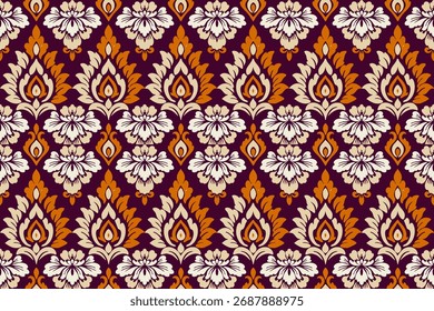 Seamless traditional floral damask pattern in orange, cream, and gold on a dark purple background, elegant ornamental vector design perfect for textile, wallpaper, or digital art decoration.