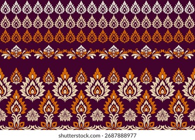 Seamless traditional floral damask pattern in orange, cream, and gold on a dark purple background, elegant ornamental vector design perfect for textile, wallpaper, or digital art decoration.
