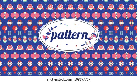 Seamless traditional floral geometric pattern for card. Vector pattern with colorful berries and flowers on a blue background. Wallpaper fabric print. Fashionable decorative design.