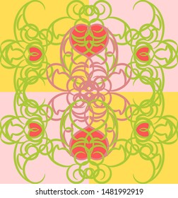 Seamless traditional floral vector pattern on yellow and pink background for wall paper, Southeast Asian traditional ornament. 