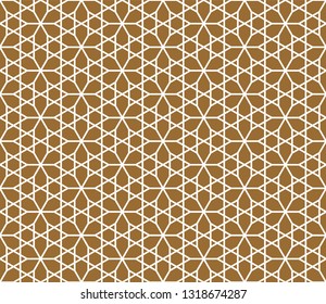 Seamless traditional geometric Japanese ornament.Golden color background and white layer lines.Thick lines.Hexagon lattice.