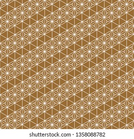 Seamless traditional geometric Japanese ornament.Golden color background and white layer lines.Hexagon grid.Medium thickness lines