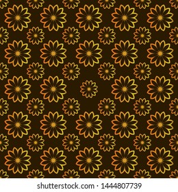 Seamless traditional geometric pattern with flowers. Brown background with golden ornament . Abstract autumn illustration,  hand draw design. 