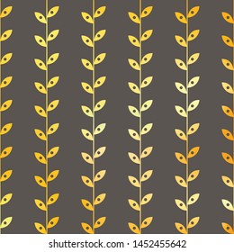Seamless traditional geometric pattern with golden leaves on grey background.  Romantic decorative vector illustration. Hand draw design.