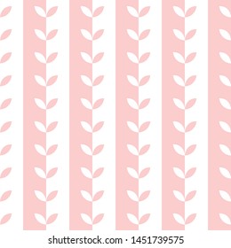 Seamless traditional geometric pattern with  pink and white leaves on striped background.  Ornamental vector illustration, hand draw design. Print for children.