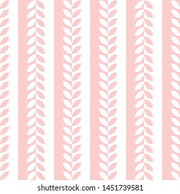 Seamless traditional geometric pattern with  pink and white leaves on striped background.  Ornamental vector illustration, hand draw design. Print for children.