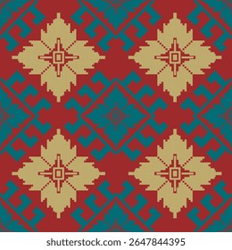  Seamless Traditional Geometric Pattern with Pixel Star Motifs in Red, Blue, and Yellow – Ethnic Folk Textile Design for Fabric, Crafts, Wallpaper, Embroidery, and Cultural Decorative Backgrounds