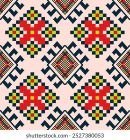 Seamless Traditional Geometric Pixel Pattern - Bold Red, Green, and Yellow Symmetrical Floral Design with Ethnic Cross-Stitch Motif - Perfect for Textiles, Craft Projects, and Digital Art