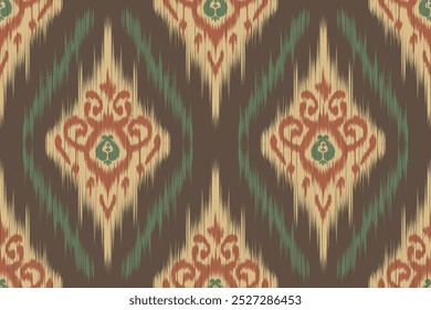 Patrón tradicional de Ikat sin fisuras en tonos terrosos con motivos geométricos y ornamentales audaces con acentos verdes, marrones y rojos rústicos. Perfecto para textiles, Fondo de pantalla y diseño de decoración para el hogar.