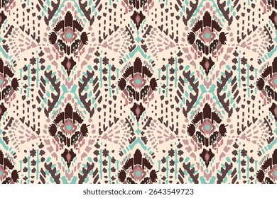 Seamless traditional ikat pattern with earthy tones in geometric and tribal-inspired design. Ideal for textiles, wallpapers, and ethnic-themed projects.