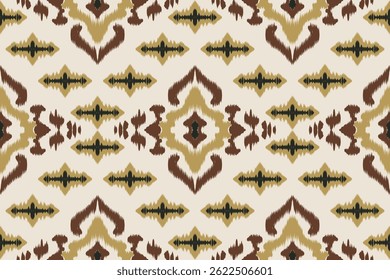 Seamless traditional ikat pattern with geometric tribal motifs on a cream background. Perfect for ethnic fabric designs, wallpapers, boho decor and textile printing.