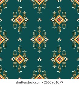 Seamless traditional ikat pattern in geometric and tribal-inspired design. Ideal for textiles, wallpapers, and ethnic-themed projects.