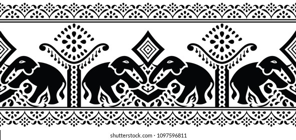 Seamless traditional indian black and white elephant border