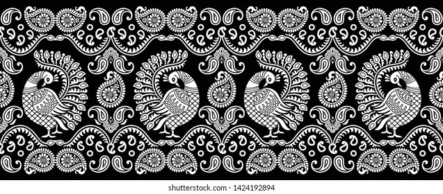 Seamless traditional indian black and white peacock border