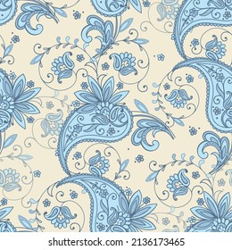 Seamless traditional Indian blue paisley pattern.
