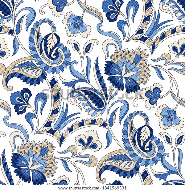 Seamless Traditional Indian Blue Paisley Pattern Stock Vector Royalty