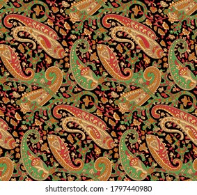 Seamless traditional indian paisley  pattern with black background