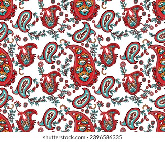 Seamless traditional Indian paisley pattern on white Pattern. Vector Illustration