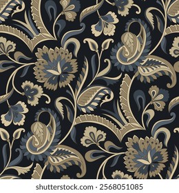 seamless traditional Indian paisley pattern on navy background