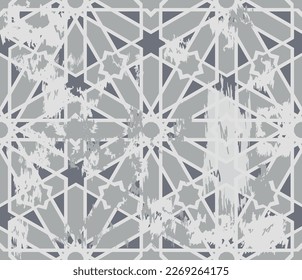 Diseño islámico tradicional sin inconvenientes con un efecto de desgaste. Patrón vintage de estilo oriental. Alfombra sin foco con motivos islámicos, árabes, indios, otomanos. Ilustración del vector