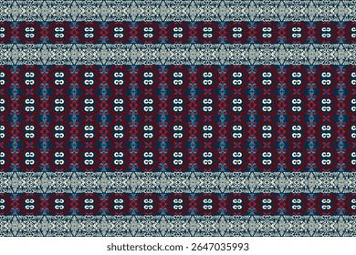 Seamless Traditional Ornamental Textile Pattern with Decorative Stripes and Geometric Motifs in Red, Navy Blue, and Beige, Ethnic Fabric Design for Wallpaper, Wrapping Paper, Crafts, and Fashion 
