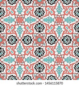 Seamless traditional Ottoman tile pattern peach fuzz and turquoise colors 