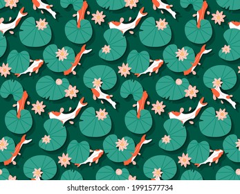 Seamless traditional with pattern Koi carp fishes swim in emerald water with pink lotus lily flowers, hand drawn vector illustration. Cartoon fish swimming in pond of japanese oriental garden. Up view