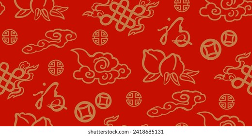 seamless traditional red pattern. retro chinese new year decoration. red and gold fabric. lucky charm, knots, money, long life, cloud. asian oriental background. red banner and greeting card.