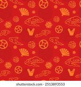 padrão vermelho tradicional sem costura. decoração retro chinês ano novo. tecido vermelho e laranja. sorte charme, dinheiro, ventilador, nuvem, ouro, flor. fundo oriental asiático. bandeira vermelha, pano de fundo, cartão de saudação.