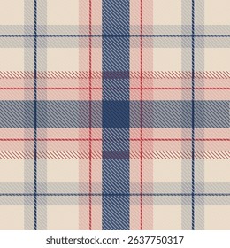 Seamless traditional tartan pattern with vertical and horizontal navy and red stripes on a cream background. Perfect for classic textile designs and packaging.