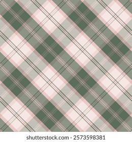 Seamless Traditional Tartan Plaid Pattern in Soft Green and Pink. Classic Diagonal Checkered Texture. Vintage Scottish-Inspired Plaid Textile. Design for Fabric and Wallpaper. Vector illustration.