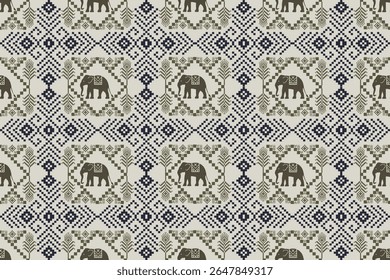 Seamless Traditional Textile Pattern with Pixel Elephants, Ornamental Trees, and Geometric Motifs – Ethnic Folk Embroidery Design in Neutral Colors for Fabric, Crafts, Wallpaper, and Decorative 